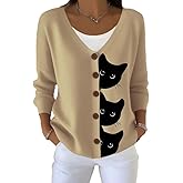 Women's Halloween Fun Black Cat Print Cardigan Sweater Autumn Cute Black Cat Print Casual Sweatshirt