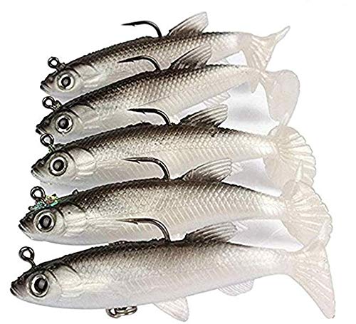 Wymaodan Ensemble De Leurres De Pêche, 5 Pièces 8 Cm Appât Souple Tête De Plomb Leurres De Poisson De Mer Matériel De Pêche Pointu Triple Crochet Appât Artificiel Queue En T