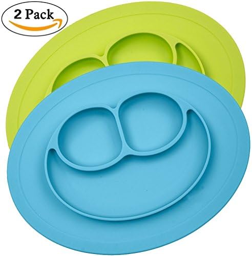 ezpz Mini Mat - One-piece silicone placemat + plate, Set Includes 2 Colors [Blue + Lime] for Kids,Toddlers,Baby Kitchen Dining Table Diner Portable Roll Up Non Slip Washable Restaurant Food Mat Plate
