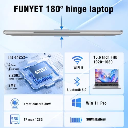 FUNYET Laptop, Notebook 2026 Laptop 15.6 Inch 8GB RAM 256GB SSD, 4425Y Processor, FHD 1920 x 1080 Display, Support WiFi 5, BT5.0, USB3.0 * 2, 5000mAh Battery Computer