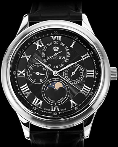 LOUIS-XVI-Herren-Armbanduhr-La-Lune-Silber-Schwarz-Mondphase-Analog-Quarz-echtes-Leder-Schwarz-489