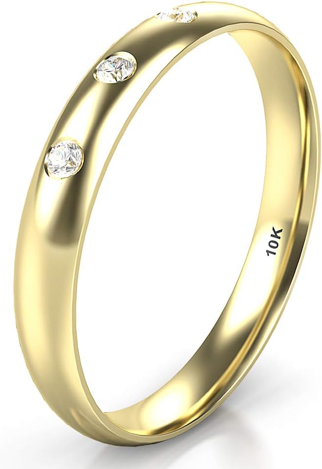 10K White/Yellow/Rose Gold 3 Diamond 3MM Dome Wedding Anniversary Band Ring