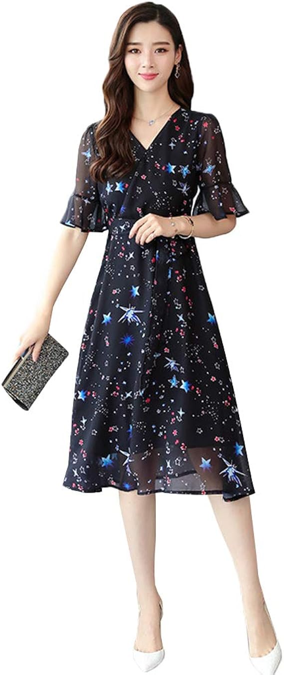 Amazon Jpバレンタインデー レディース ロングワンピース 星空柄 シフォンワンピース 大きいサイズ 休暇ワンピ ビーチワンピース Vネック フリル袖 リボン付き 上品 オシャレ チュニック 通勤 旅行 デート 結婚式 花火大会 ワンピース チュニック 通販