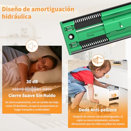 HOGESA Rieles para Cajones, 50CM/20" Rieles Para Cajones Cierre Suave, 3 Secciones de Extensión Completa con Rodamiento de Bolas, Soporte Lateral Telescópico para Armario, Capacidad de 100 Libras