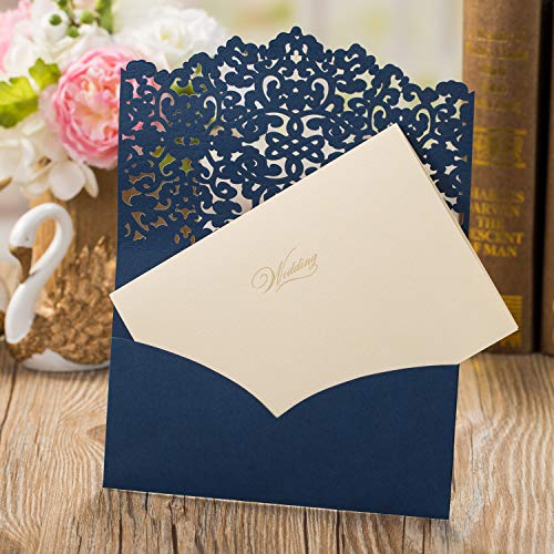 Gold Fortune 50 Packs Laser Cut Wedding Invitations with Cards Kit and Envelopes for Party Favors (YC067 Blue)
