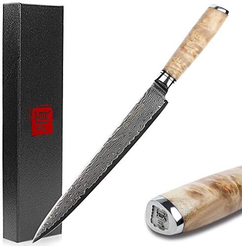 YOUSUNLONG Sashimi Fish Fillet Knife 10 Inch - Japanese VG10 Super Steel - Burl Wood Carving Knife Sushi Knife - Walnut Wood Sheath - Flannel Knife Bag