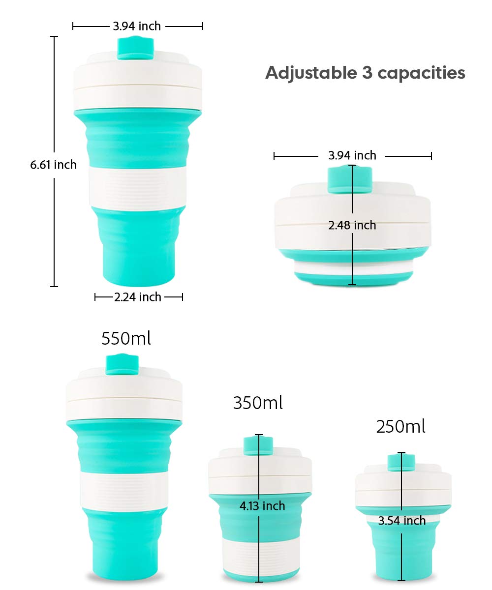 Reusable Collapsible Silicone Cup - Idealife Folding Cup Max Up to 18 Oz/550ml Camping Mug 3 Capacities, BPA free Pocket Mini Size Travel Drinking Cup with Hook for Outdoor Sports, Home (Green)