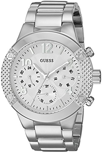 GUESS Women's U0849L1 Sporty Silver-Tone Stainless Steel Watch with Multi-function Dial and Pilot Buckle