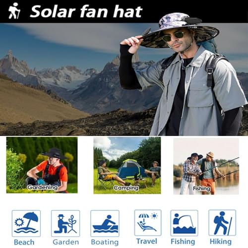 Solar Fan Sun Hat Wide Brim Hat Outdoor Wide Brim Sun Hat with 2 Solar Fan Fishing Hat, Hat UPF 50+, Removable & USB Charging