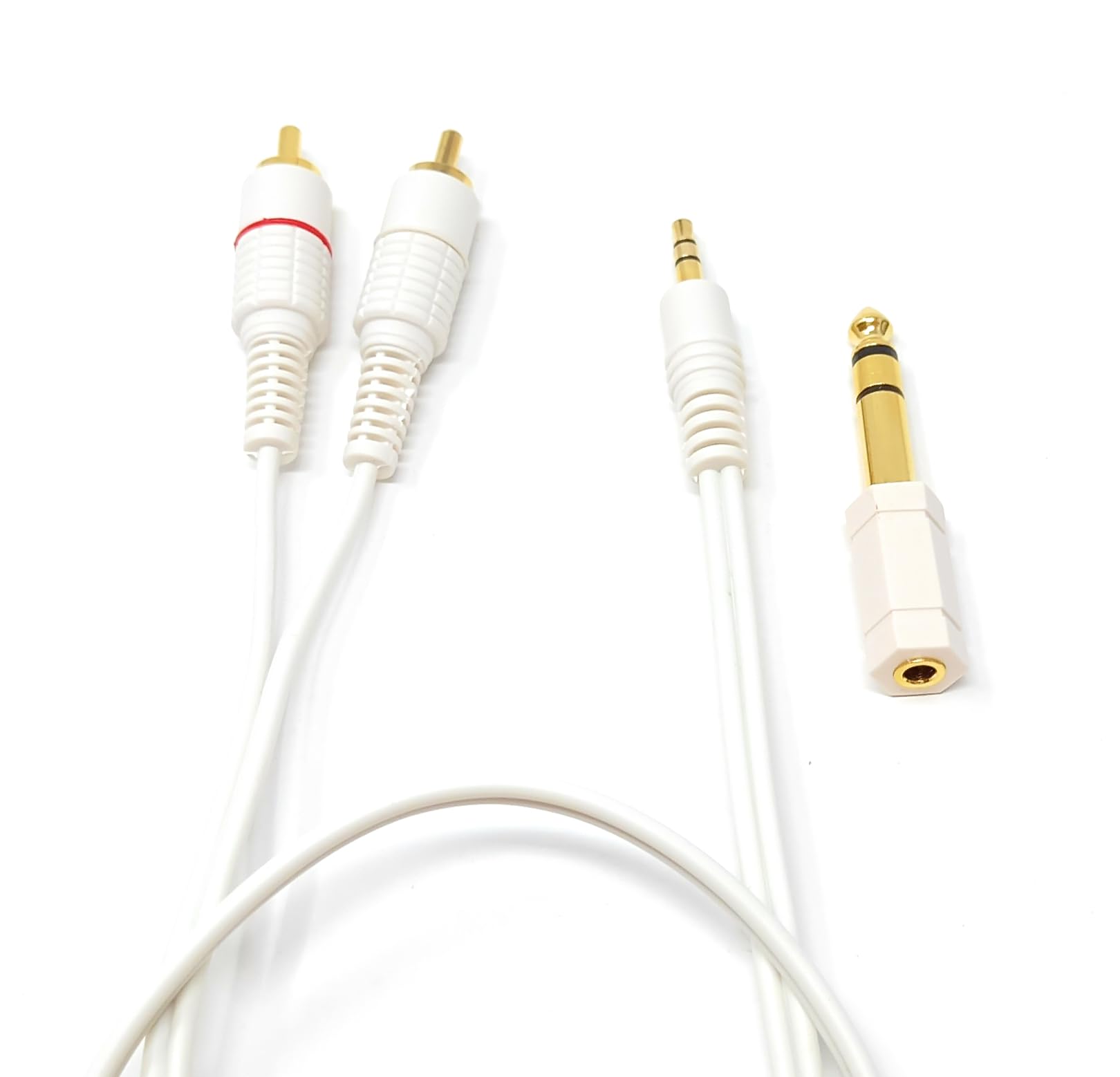 DRUT 3m 3.5mm Stereo Jack Plug to 2 x Twin RCA Phono Y Plugs Audio AUX Cable, Lead With 6.35mm Adapter Converter Gold Ends (White, 10ft)