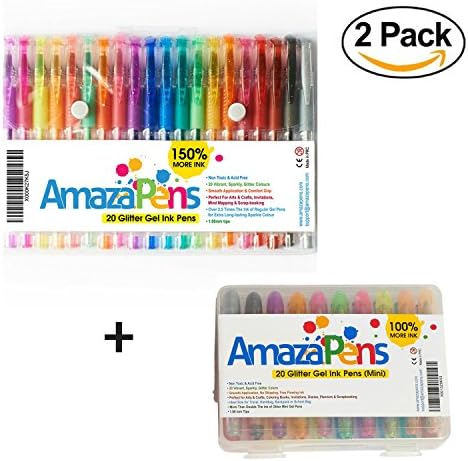 Glitter Gel Colored Pens - Home & Handbag Bundle 20 Glitter Colors in Full Size & Bonus Travel Mini Pack