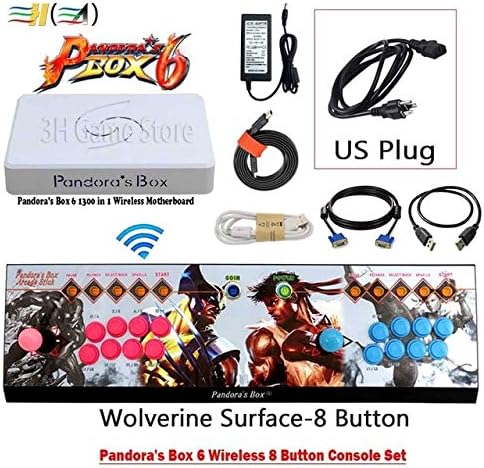 Cholyme LLC 1 Set 8 Button Pandora Box 6 1300 in 1 Wireless Iron Console Set 2 Players Arcade Controller Support FBA mame ps1 3D can add 3000 Game 8b Wireless JGL US