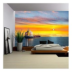 Tanker Ship on Calm Sea in The Morning. - Removable Wall Mural | Self-Adhesive Large Wallpaper - 66x96 inches