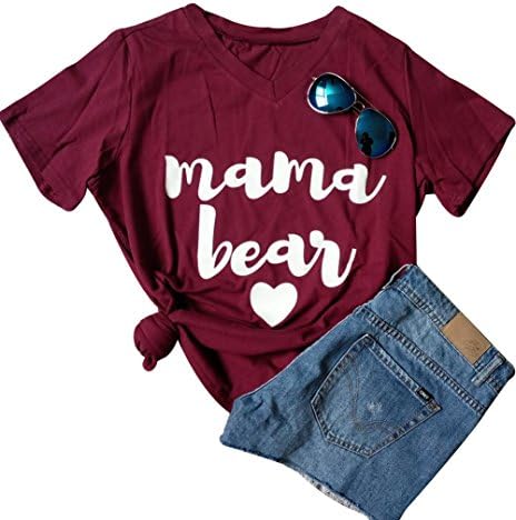 LAMOSKY Mama Bear Heart Women's Print Short Sleeve Shirt Mother Gift Funny T-Shirts Size XL (Red)