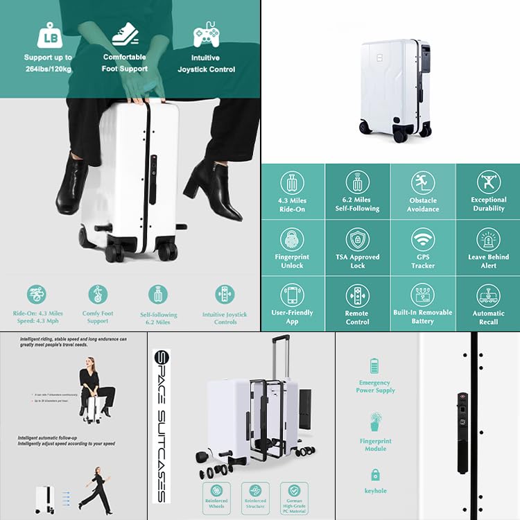 Space Suitcases Smart Auto Follow Rideable Suitcase 33L, Lightweight Electric Luggage Scooter For Travel With Digital Lock, Waterproof And Lightweight