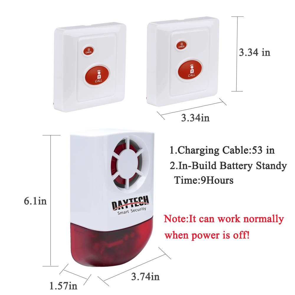 Daytech Wireless Security Alarm System with Strobe Siren - Panic Buttons & SOS Alert for Home, Retail Stores (2 Remotes + 2 Buttons, Loud 120dB, Weatherproof)