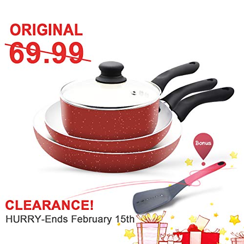 KI Cookware Set, 8/11 inch Ceramic Nonstick Frying Pans, 7-inch Sauce Pot with Lid, Free Gift 1 Pancake Turner, Pots and Pans Set for Gas, 1 Year Warranty