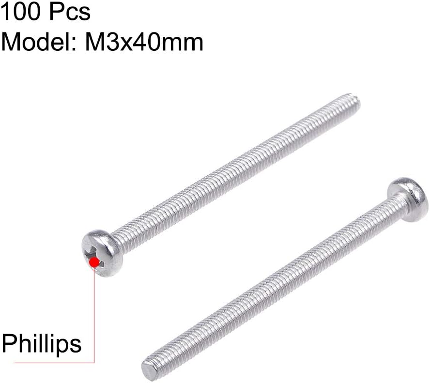sourcing map M3x40mm Machine Screws Pan Phillips Cross Head Screw 304 Stainless Steel Fasteners Bolts 100Pcs - Image 3