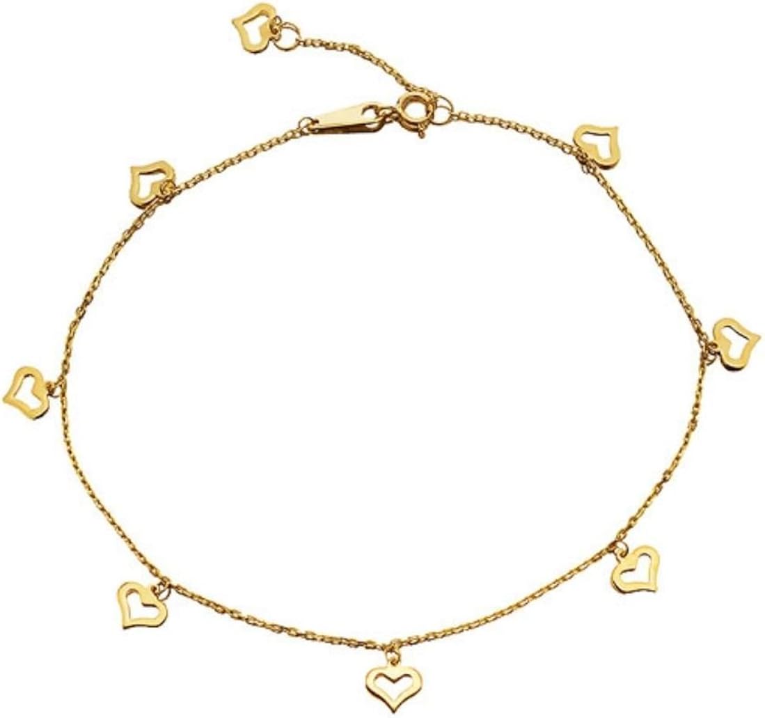 F.Hinds 9ct Gold Eight Hearts Anklet 10in Bracelet Chain Foot Jewelry