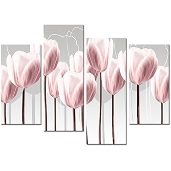 Floral Canvas Wall Art,Canvas Print Pink Tulips for Wall Decor, Framed and Stretched 4 Panels Elegant Flowers Canvas Prints (01 Pink Tulip)