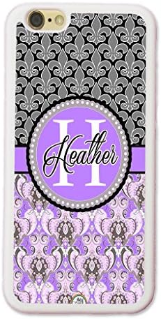iPhone 8 Plus Case, iPhone 7 Plus Case, ArtsyCase Purple Grey Damask Fleur De Lis Monogram Personalized Name Phone Case - iPhone 7 Plus and iPhone 8 Plus (White)