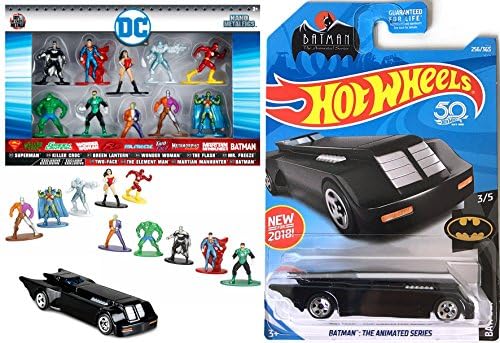 AYB Animated Batman DC Collection Super Hero Nano Playset Hot Wheels Batmobile Series car #256 + 10 Pack Nano Metal Figures Green Lantern Superman Flash Wonder Woman Character Set