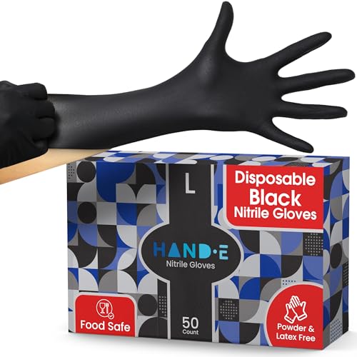 Hand-E Touch Black Nitrile Black Disposable Gloves Large, 200 Count - BBQ, Tattoo, Hair Dye, Cooking, Mechanic Gloves - Powder and Latex Free