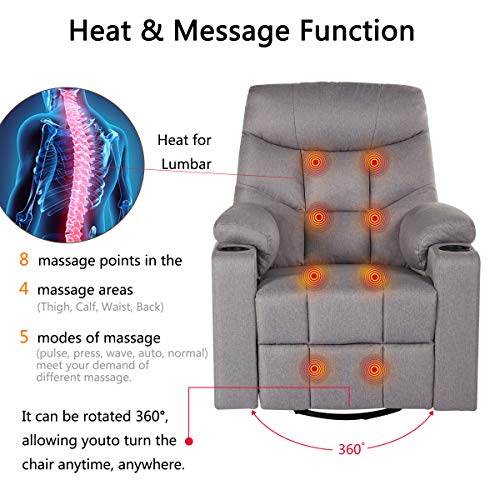 YODOLLA 360° Swivel & 140° Recling Electric Massage Recliner Sofa, Rocking Chair for Living Room Theater Seat Lounge,(Gray) - Thumbnail 4
