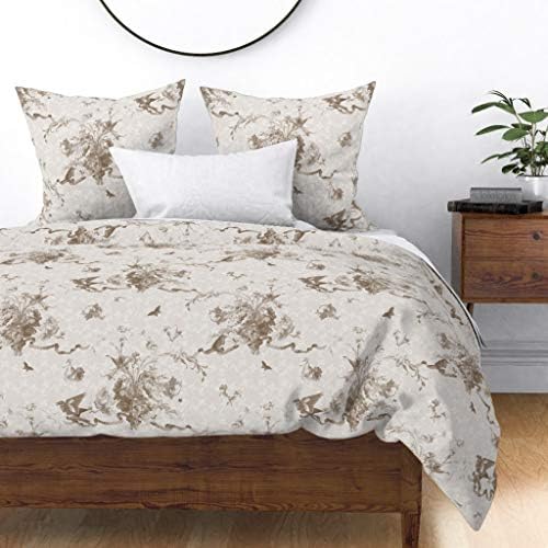 Roostery Duvet Cover, Toile Beige Flowers Floral Bees Birds Print, 100% Cotton Sateen Duvet Cover, Queen
