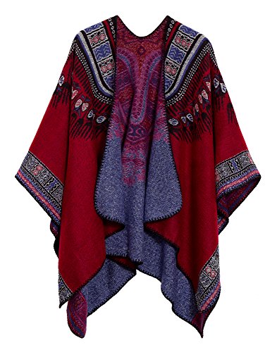 Urban CoCo Women's Winter Vintage Poncho Capes Tassel Blanket Shawl Wrap Cardigan Coat (Series 2-Red)