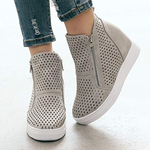 St.Dona_Shoes Women's Platform Sneakers Hidden Wedges Side Zipper Faux Suede Perforated Ankle Booties Gray - Thumbnail 2