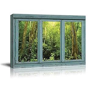 Vintage Teal Window Looking Out Into a Green Jungle - Canvas Art Home Art - 24x36 inches