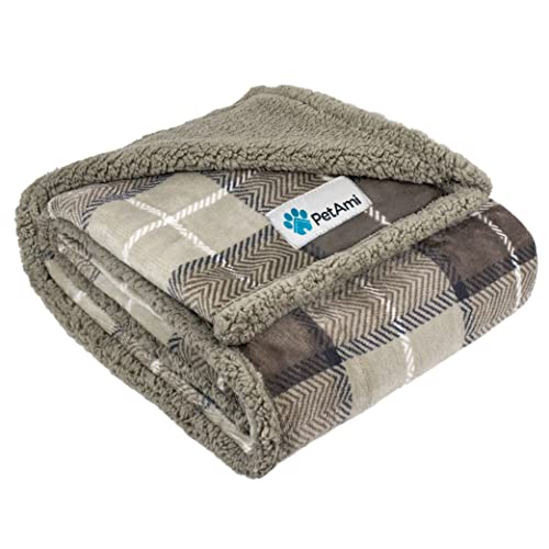 PetAmi Dog Blanket Plaid Sherpa Dog Blanket | Plush Reversible Warm Pet Blanket for Dog Bed Sofa Car (Taupe, 60x40inch)