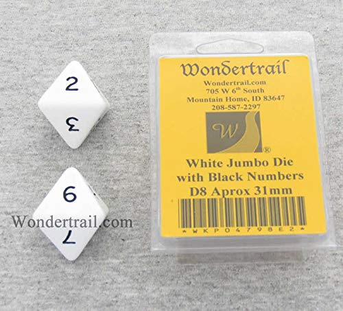 White Jumbo Dice with Black Numbers D8 31mm (1.25in) Pack of 2 Wondertrail