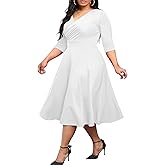 Milloud Plus Size Dress for Women - 3/4 Sleeve A-Line V-Neck Swing Flowy Casual Midi Dresses with Pockets