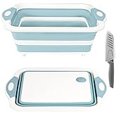 Collapsible Cutting Board, Foldable Chopping Board with Colander, Multifunctional Kitchen Vegetable Washing Basket Silicone Dish Tub for BBQ Prep/Picnic/Camping(Light Blue)