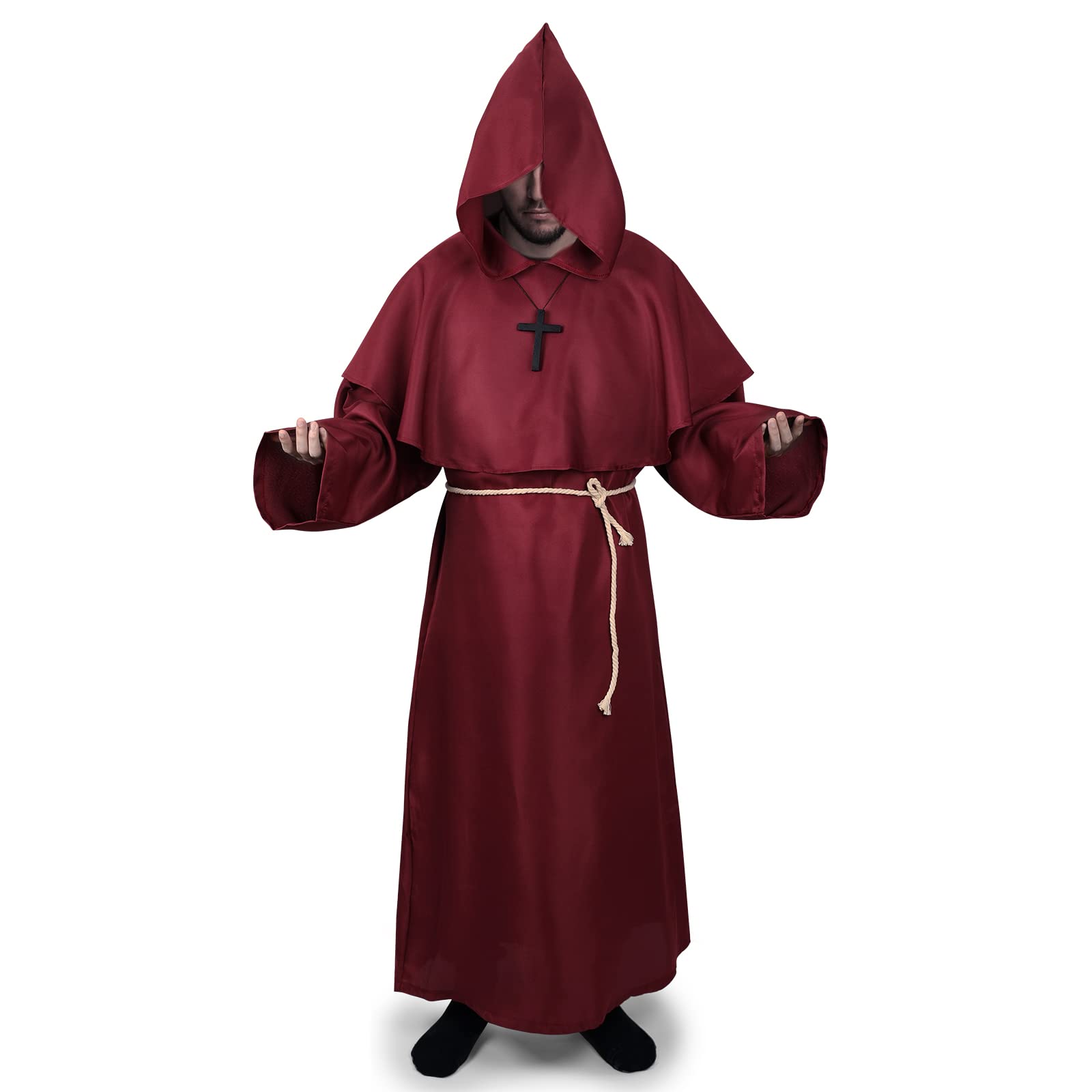 Medieval Monk Robes Costume, Priester Monk Robes - Hooded, Halloween Cosplay Fancy Dress Outfits for Adults (S, Red)