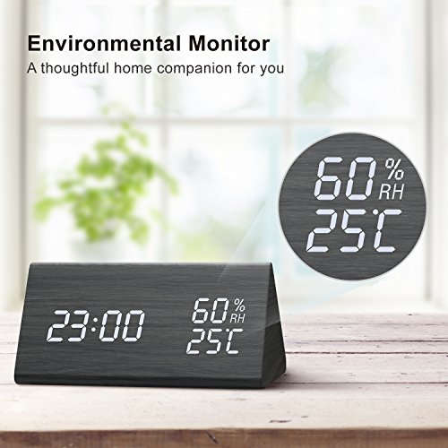 Digital Alarm Clock, Wooden LED Alarm Clock with Triple Alarms, 3 Levels Brightness Dimmer, Big Digit Display Date, Temperature and Humidity for Home Bedrooms