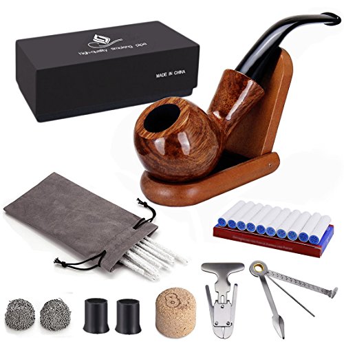 Joyoldelf Rosewood Tobacco Pipe Set with Wooden Stand, Reamer & 3-in-1 Pipe Scraper, 20 Pipe Cleaners & Pipe Filters, 2 Pipe Bits & Metal Balls, Cork Knocker, Pipe Pouch, Bonus a Gift Box
