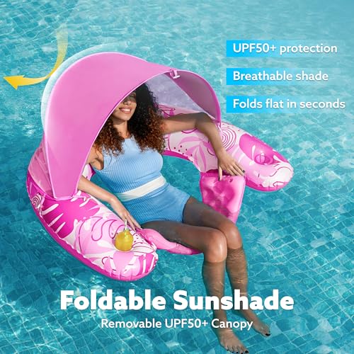 SLOOSH Pool Floats with Canopy Adult,XL Inflatable Pool Lounge Chairs with Cup Holders,Floating Chair for Adults,Inflatable Floaties with Headrest for Party Beach Summer Water Fun,Pink