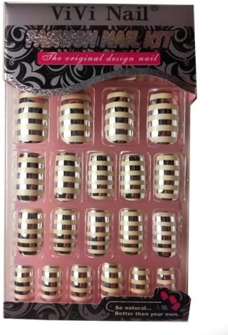 Vivi Nail Dazzling White Silver Stripes Metallic French Tips 24pcs Professionally Design False Nails