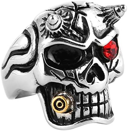 HZMANMen's Red Cz Iced Gothic Skull Stainless Steel Ring Biker Band