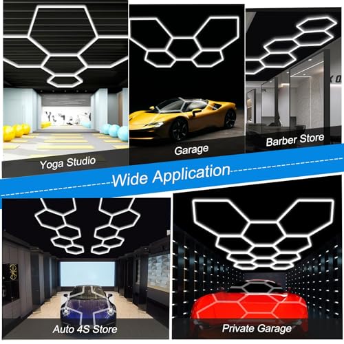 Hexagon LED Garage Lights:192W 5 Grids DIY led Honeycomb Ceiling Light,6500K Ultra Bright,2.4x1.7m,Easy Install, Durable Design for Garages,Car Detailing,Workshops,Exhibition Hall,Gym,Shopping malls