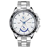 LONGBO Men's Unique Big Face Dial Analog Quartz Business Watch Military Waterproof Stainless Steel Band Wrist Watch Special Blue Hands Decorative Chrono Eyes Sport Watches for Man White