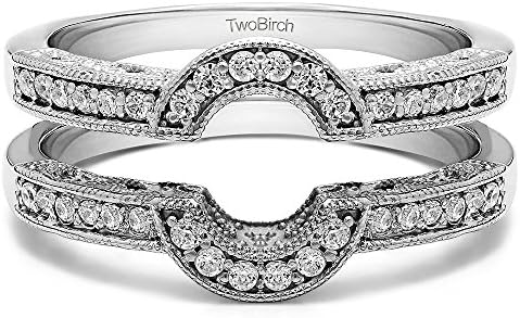 TwoBirch 0.21 Ct. Filigree Millgrained Vintage Halo Ring Guard in Sterling Silver with Cubic Zirconia