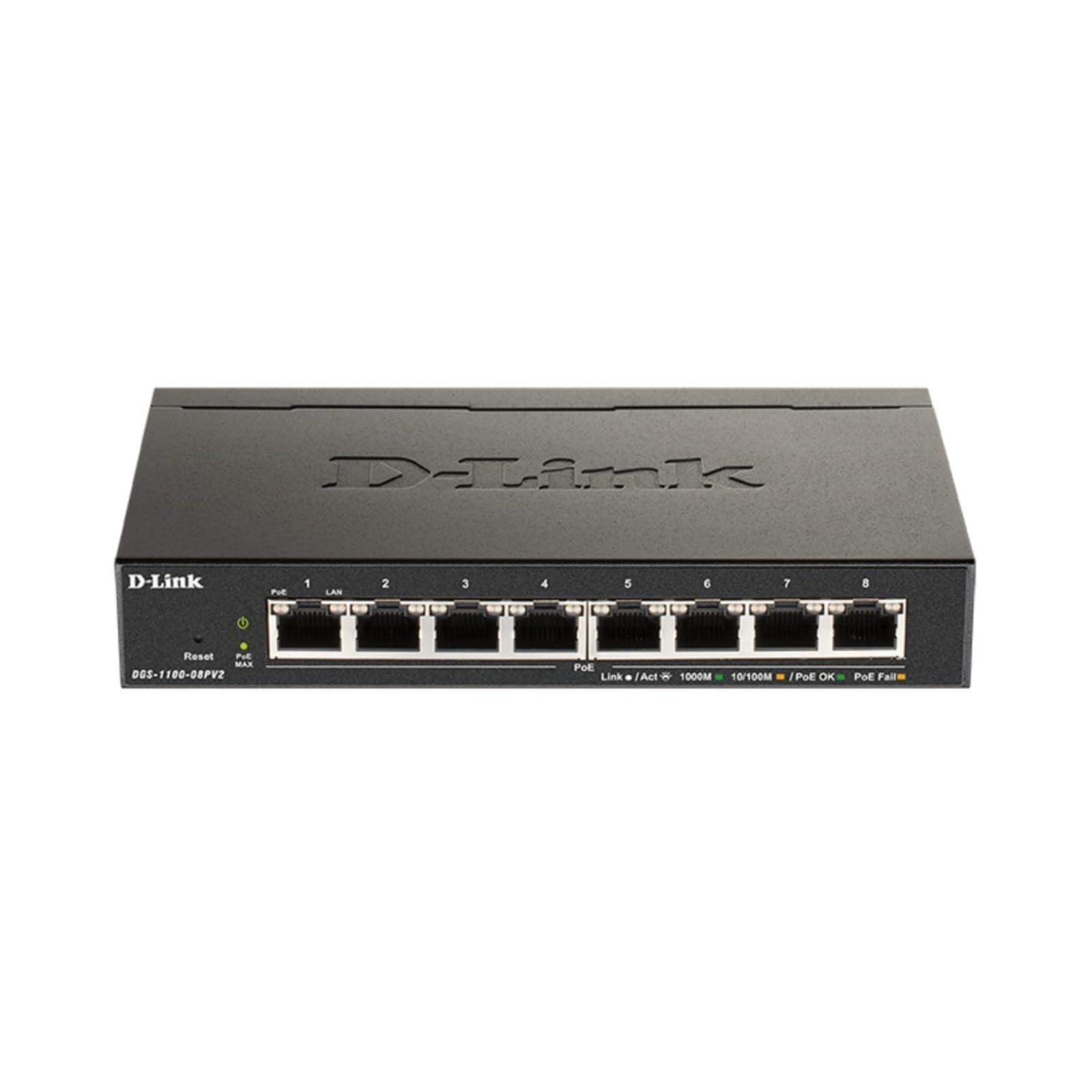 D-Link DGS-1100-08PV2 - 8-Port Gigabit PoE Smart Managed Switch with 8 PoE Ports, 64W PoE power budget, 802.3af/at, VLAN support, layer 2 features, QoS, 802.3az EEE, Fanless