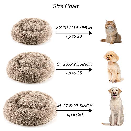 XIGRS Dog Calming Bed, Orthopedic Round Donut Cuddler Ultra Soft Plush Comfortable Cozy Sponge Cushion Bed with Non-Slip Bottom Furry Bed for Small Medium Pets Calm Sleeping (S-23.6INCH, Brown)