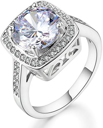Ritzy Glam Cubic Zirconia Platinum Plated Ring | Stunning Crystal Clear April Birthstone in Platinum Halo Setting with 28 CZ Stones | Nickel-Free, Anti-Allergy, Round Cut Fashion Jewelry for Women (8)