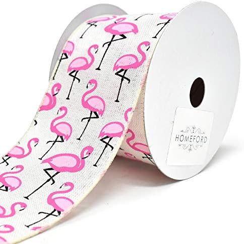 Homeford Tropical Flamingo Wired Linen Ribbon, 2-1/2-Inch, 10-Yard (Ivory)