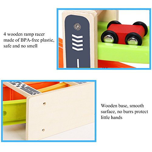 Joqutoys Wooden Ramp Race Car Track Parking Garage Set Kids Game Racing Kit Toys for Toddler with 4 Mini Racers